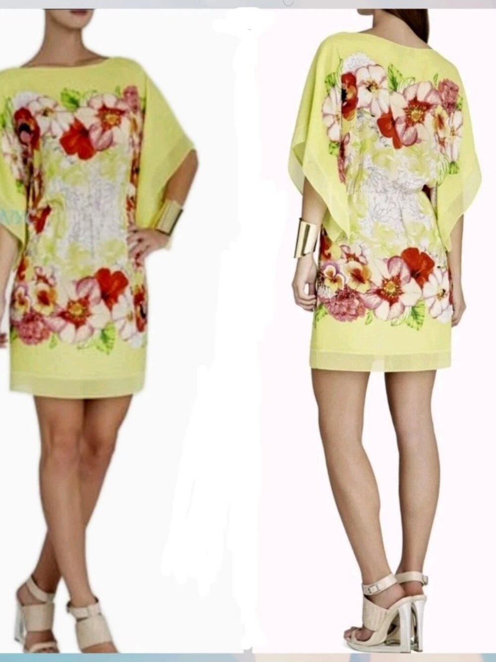 BCBG MaxAzria Miriam Floral Chiffon Kimono Mini Dress In Lemongrass